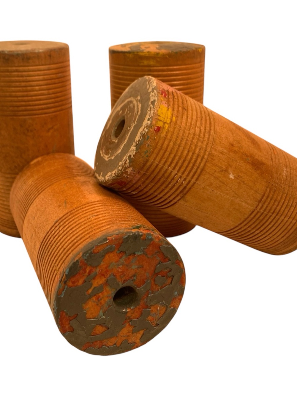 Vintage Chunky Wooden Industrial Spools w Paint Spatters Factory Reclaimed Set-4